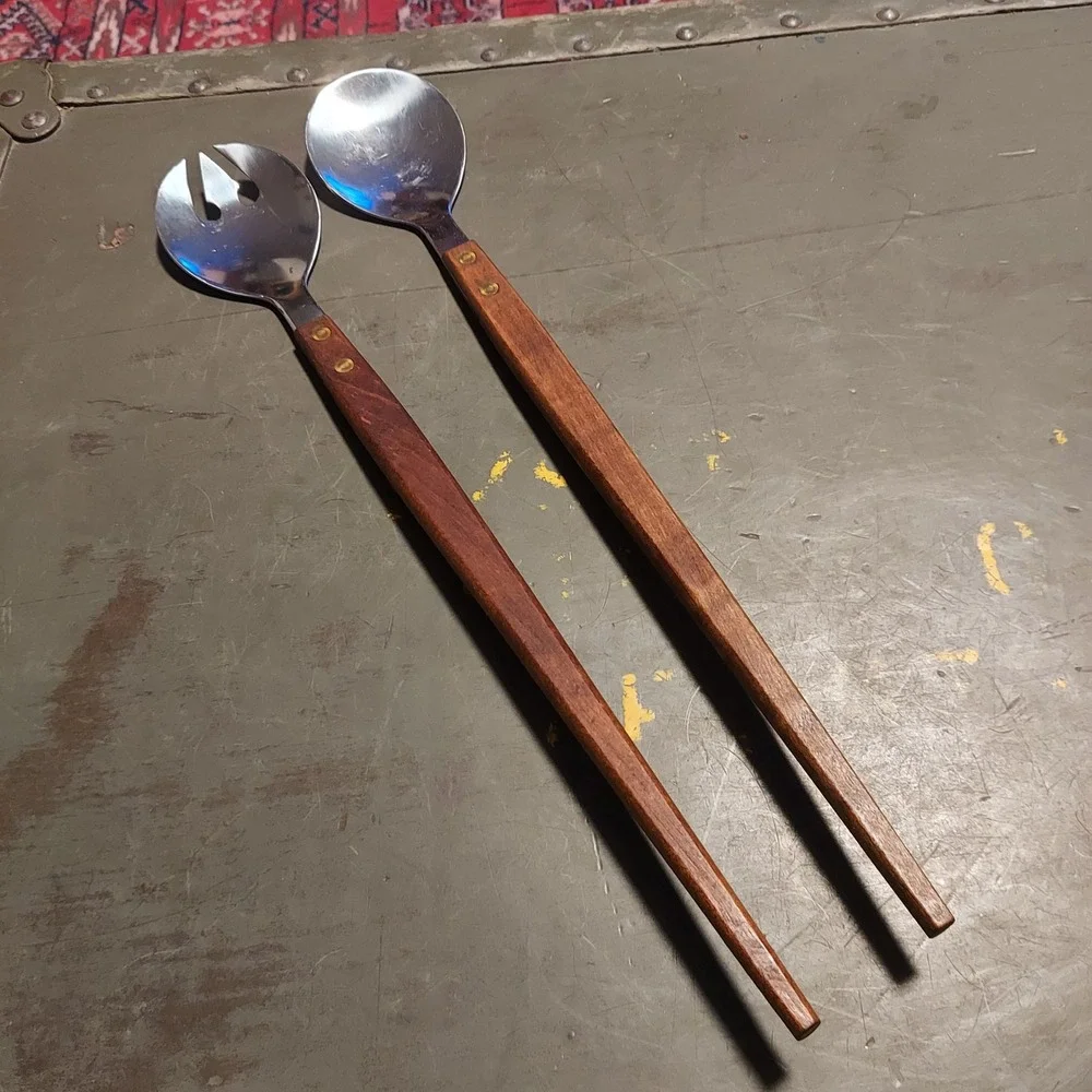 Vintage MCM Salad Serving Set 13 Inch Teak Wood Handle Stainless Steel 2 Piece
